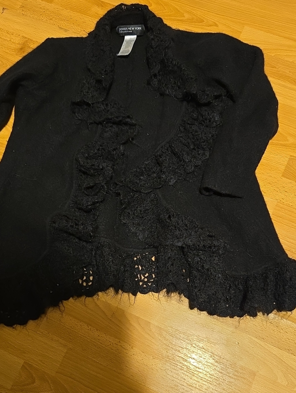 Jones New York Black Ruffled Open-Front Cardigan